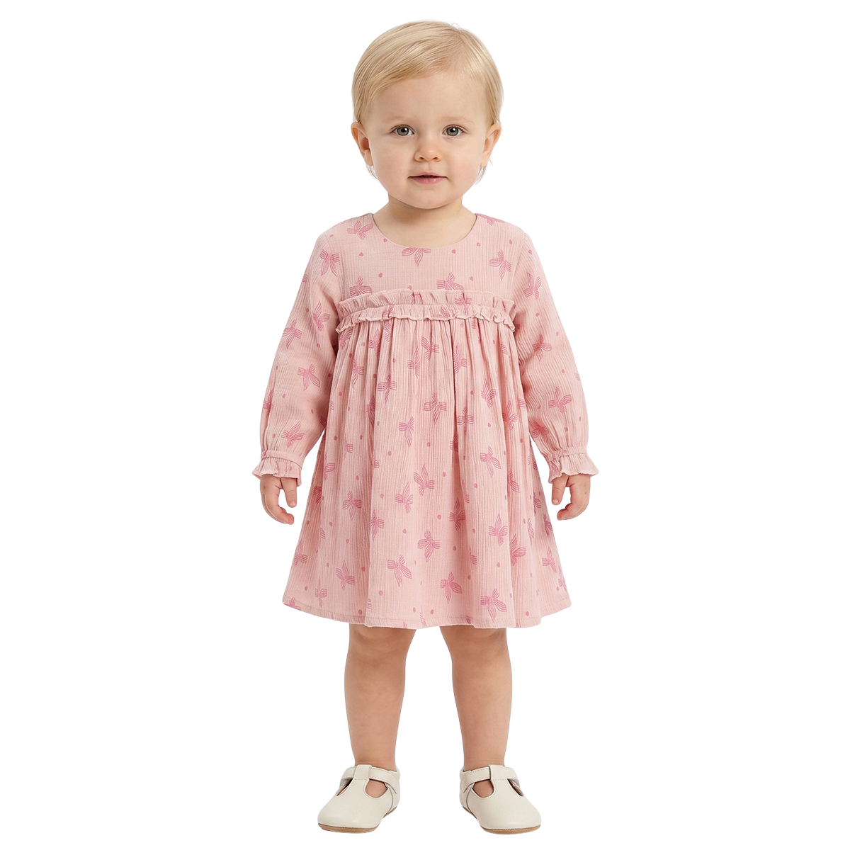 Baby Girls Peach Bow Print Cotton Dress Regular Fit Casual Dress