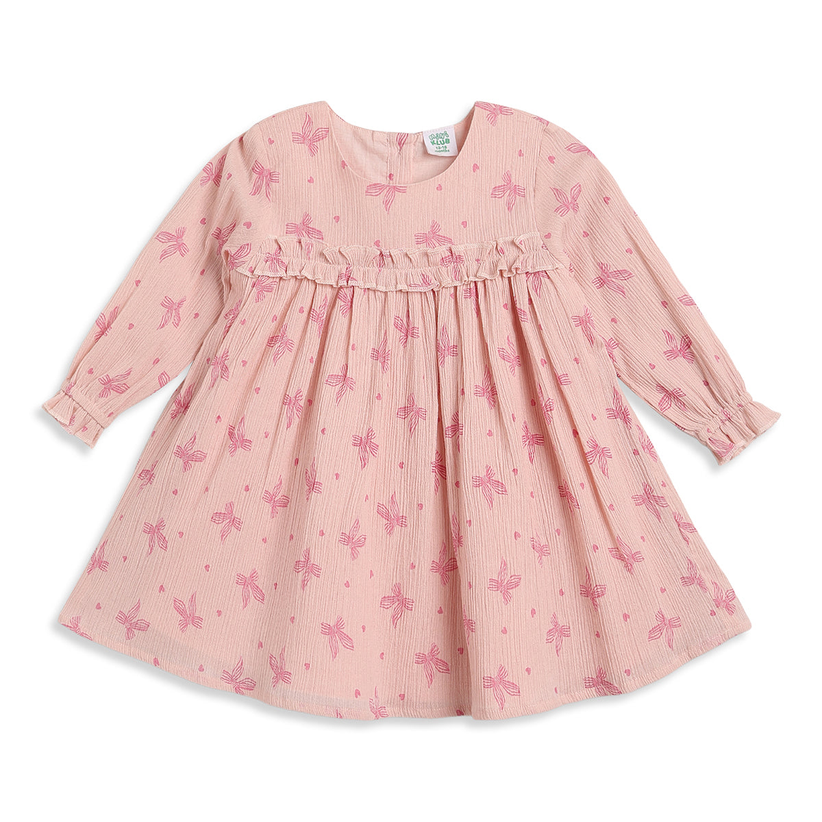 Baby Girls Peach Bow Print Cotton Dress Regular Fit Casual Dress