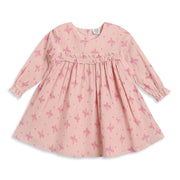Baby Girls Peach Bow Print Cotton Dress Regular Fit Casual Dress