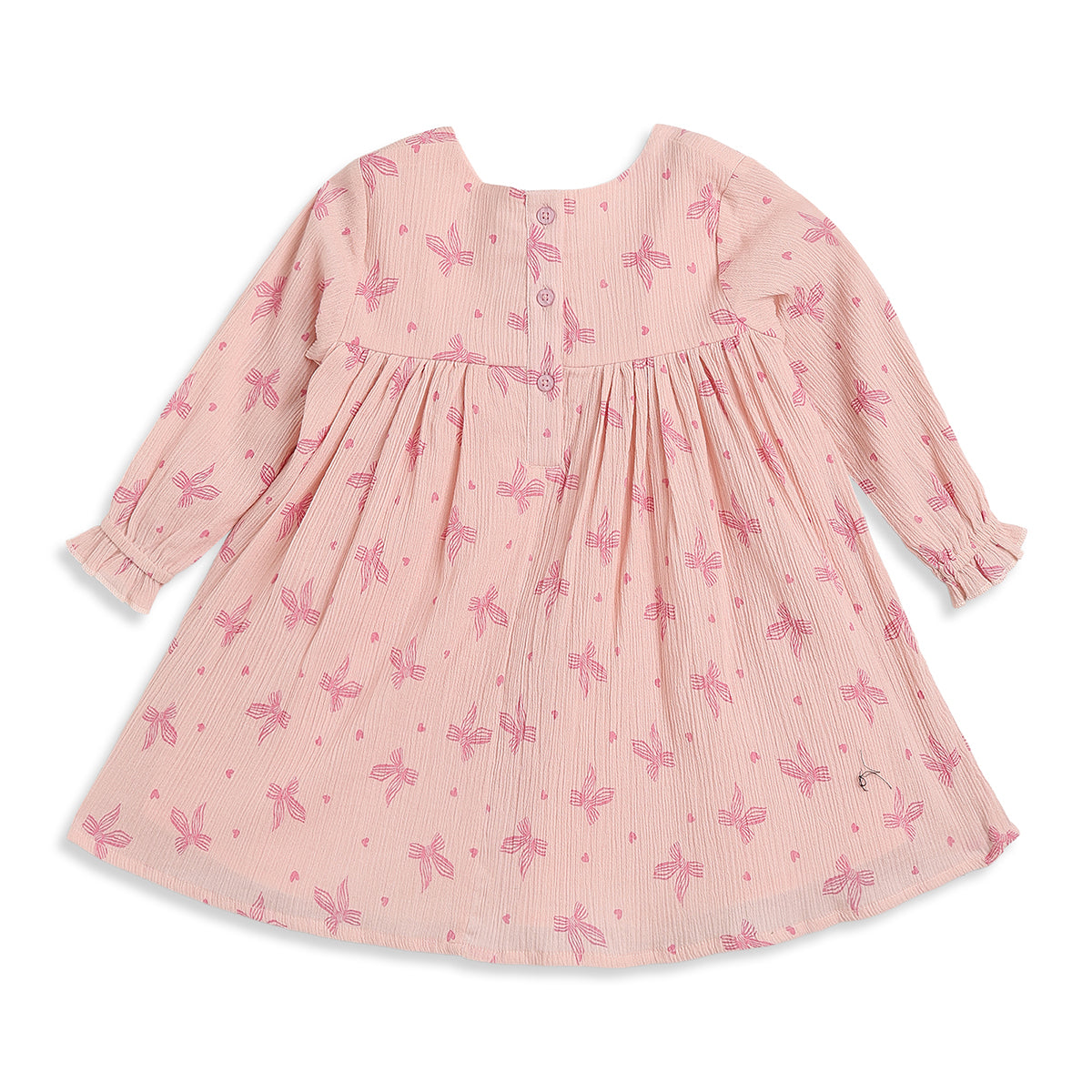 Baby Girls Peach Bow Print Cotton Dress Regular Fit Casual Dress