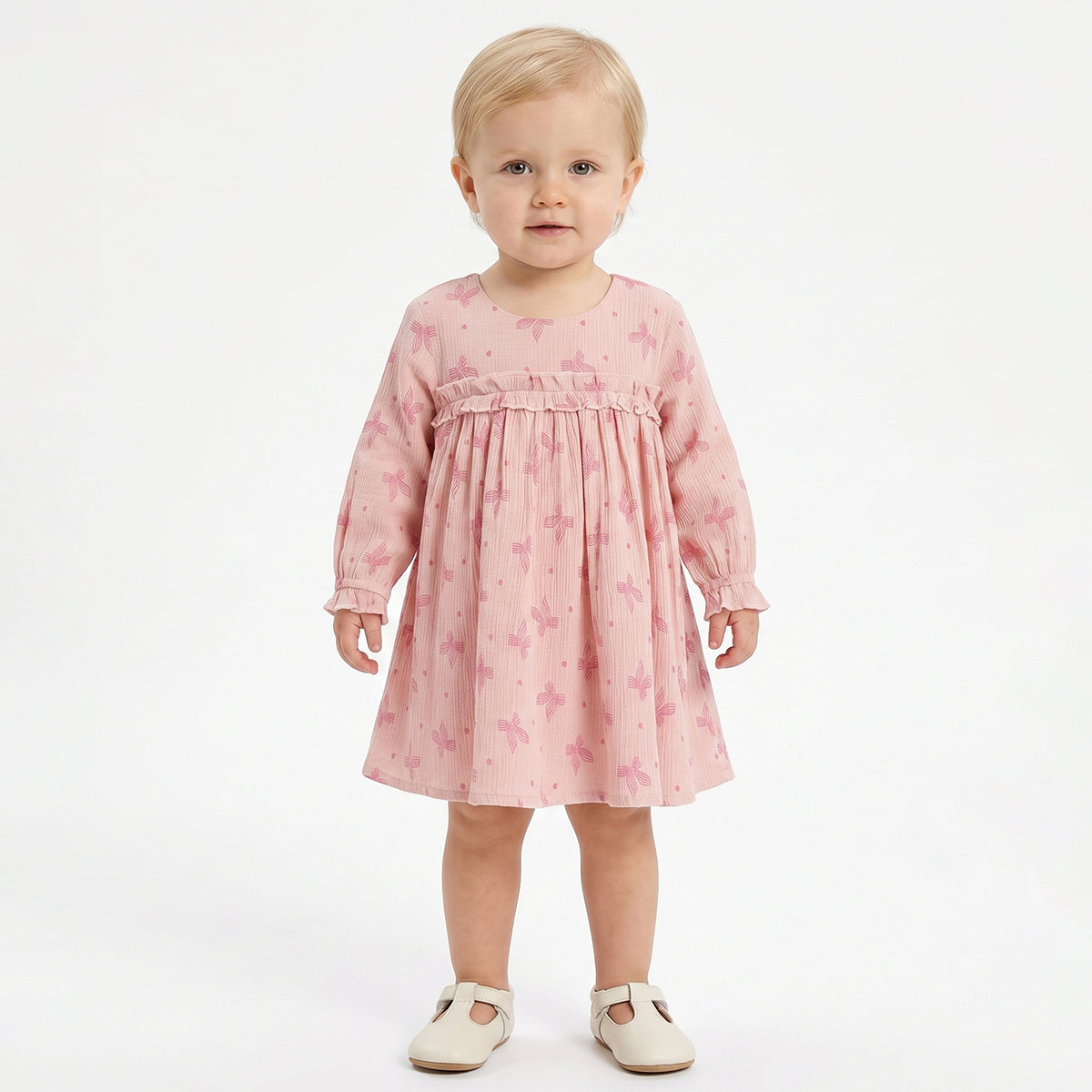 Baby Girls Peach Bow Print Cotton Dress Regular Fit Casual Dress