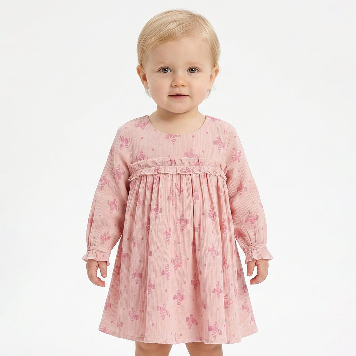 Baby Girls Peach Bow Print Cotton Dress Regular Fit Casual Dress
