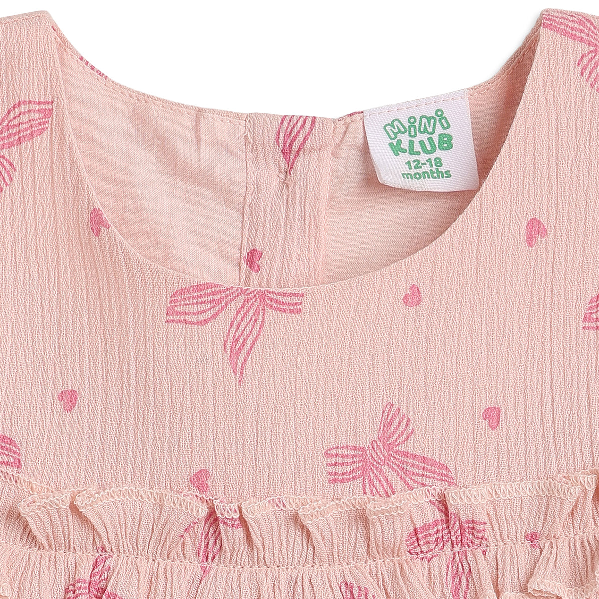 Baby Girls Peach Bow Print Cotton Dress Regular Fit Casual Dress