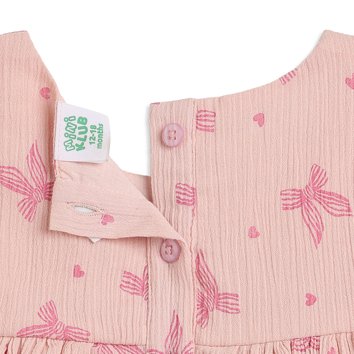 Baby Girls Peach Bow Print Cotton Dress Regular Fit Casual Dress