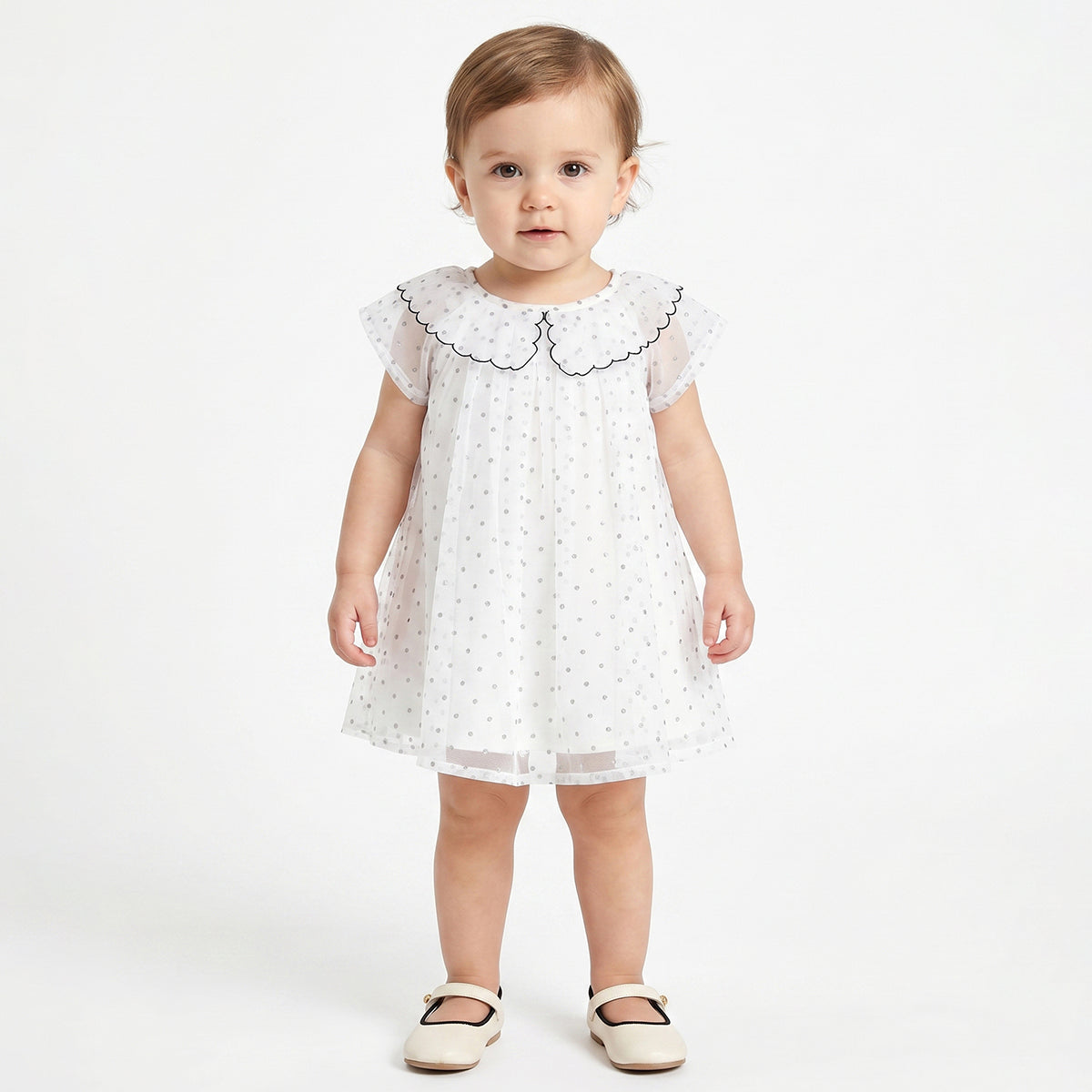 Baby Girls White Polka Dot Mesh Dress Regular Fit Party Dress