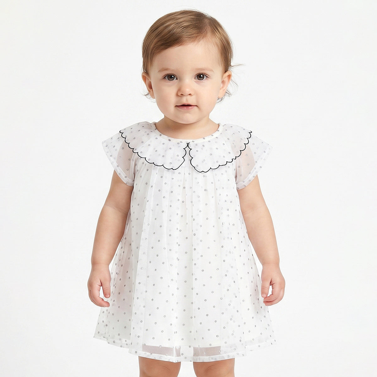 Baby Girls White Polka Dot Mesh Dress Regular Fit Party Dress