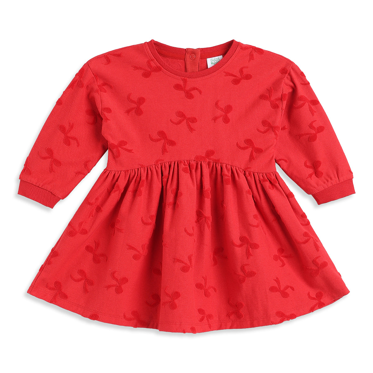 Baby Girls Red Bow Textured Cotton Knit Dress Regular Fit Casual Dress