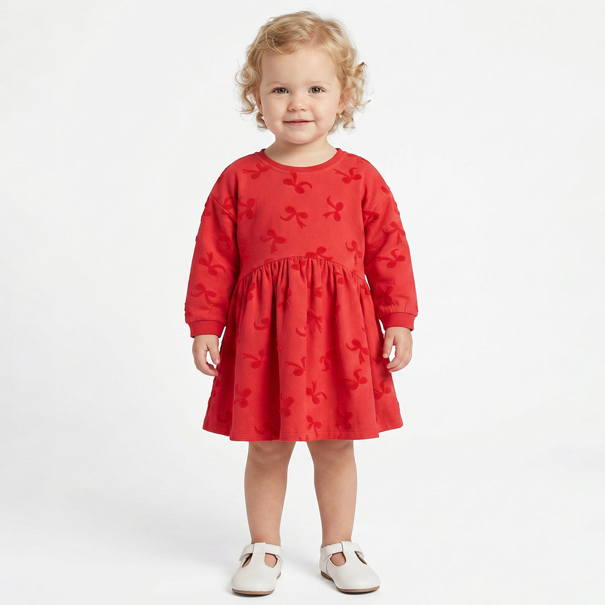 Baby Girls Red Bow Textured Cotton Knit Dress Regular Fit Casual Dress