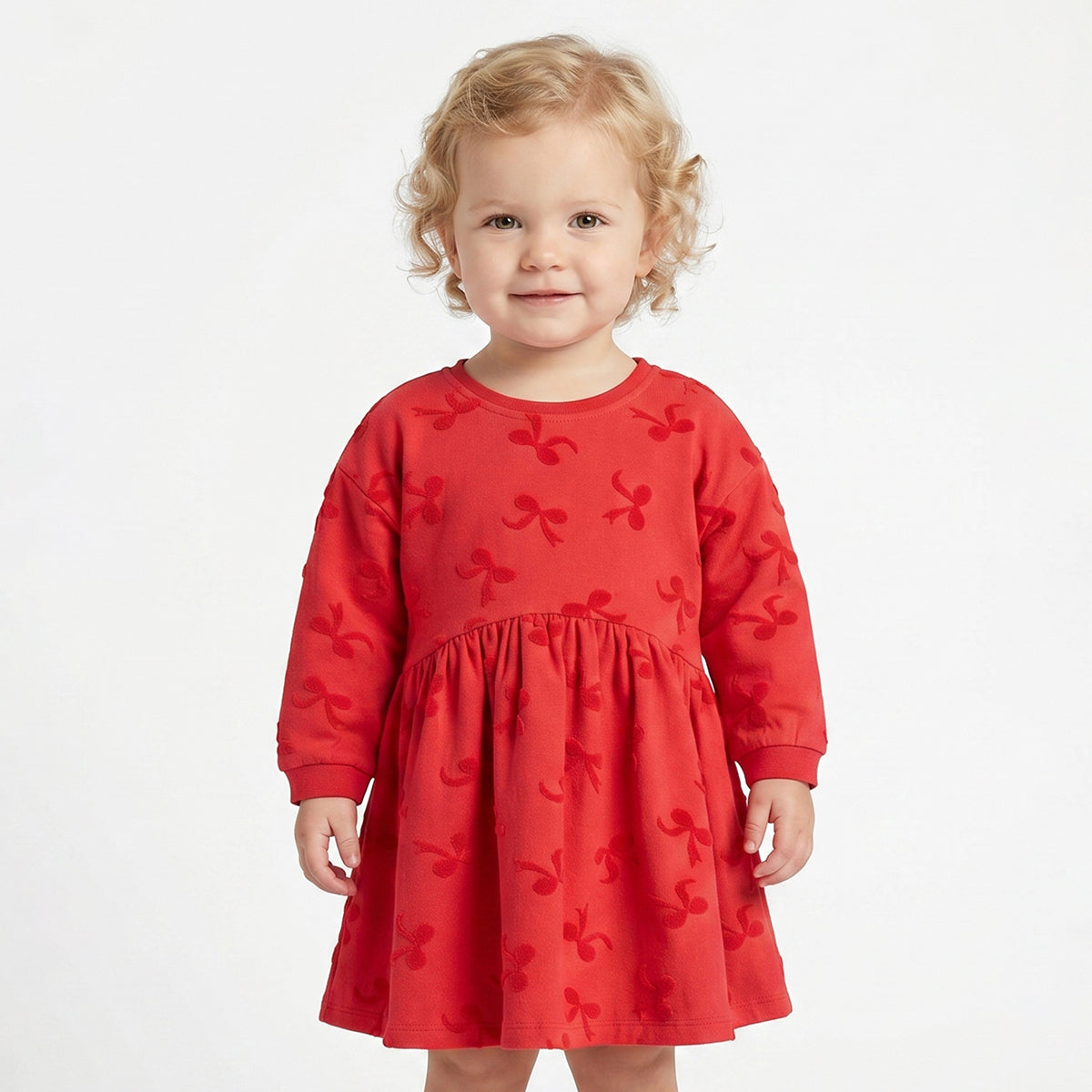 Baby Girls Red Bow Textured Cotton Knit Dress Regular Fit Casual Dress