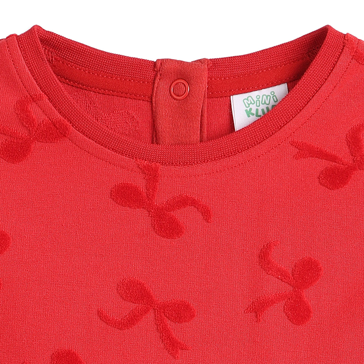 Baby Girls Red Bow Textured Cotton Knit Dress Regular Fit Casual Dress