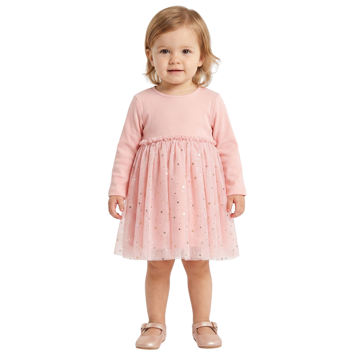Baby Girls Peach Star Print Mesh Dress Regular Fit Party Dress