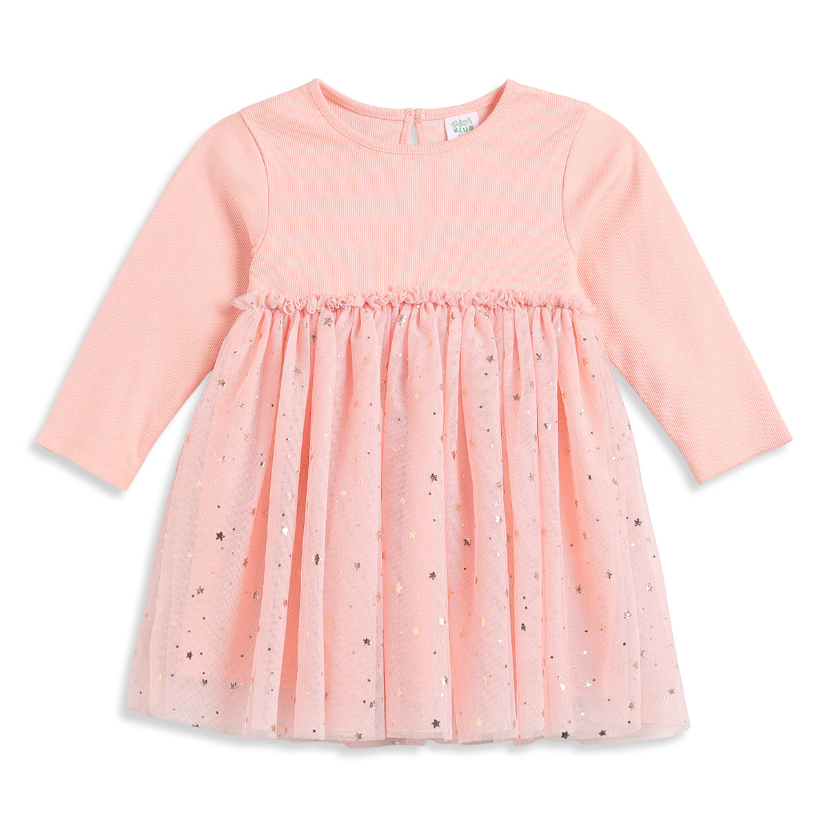 Baby Girls Peach Star Print Mesh Dress Regular Fit Party Dress