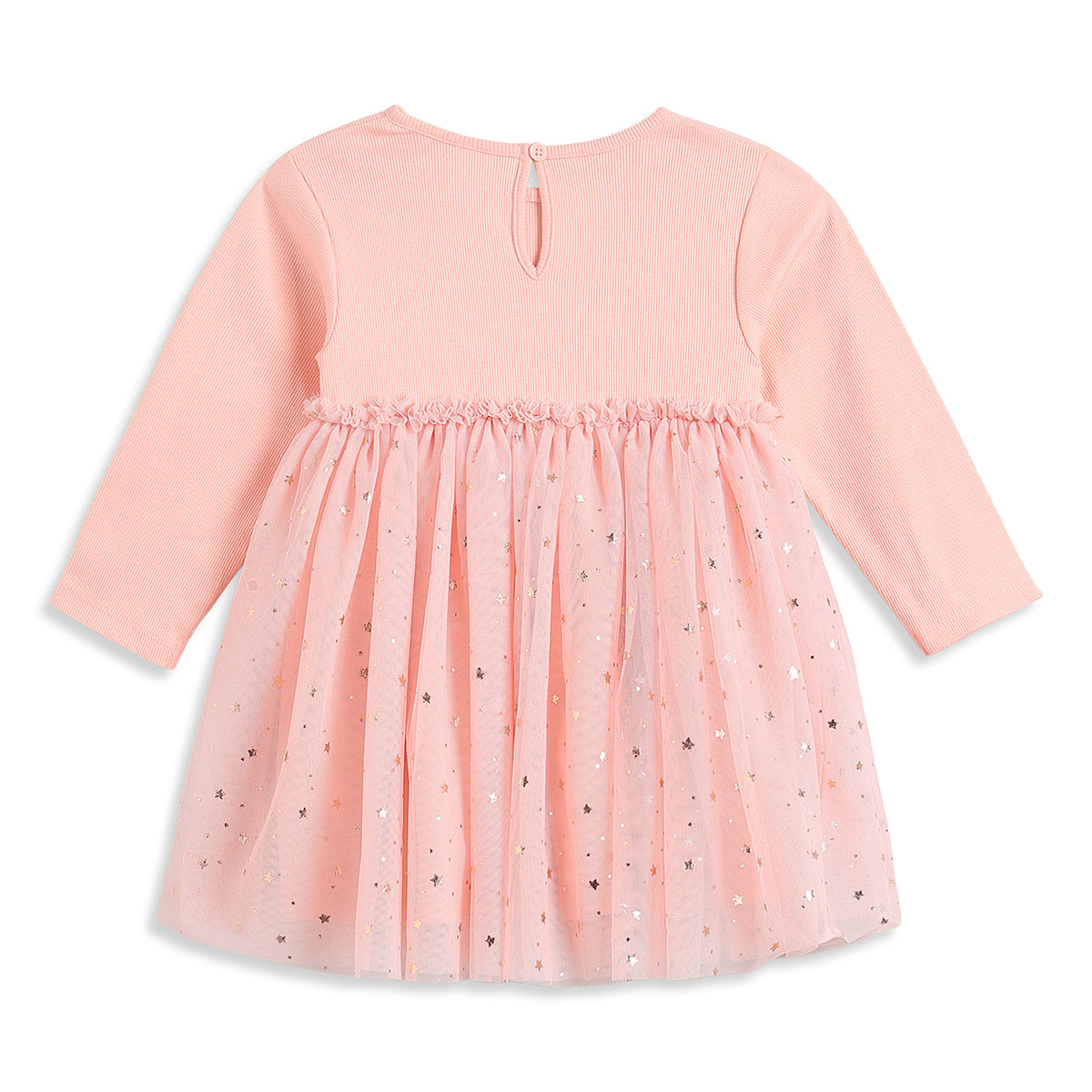 Baby Girls Peach Star Print Mesh Dress Regular Fit Party Dress