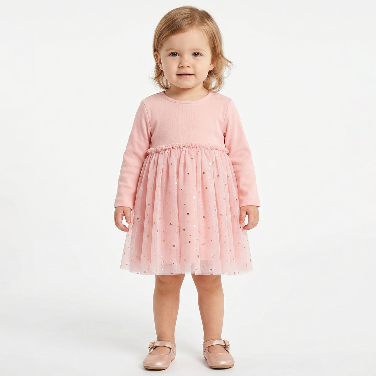 Baby Girls Peach Star Print Mesh Dress Regular Fit Party Dress