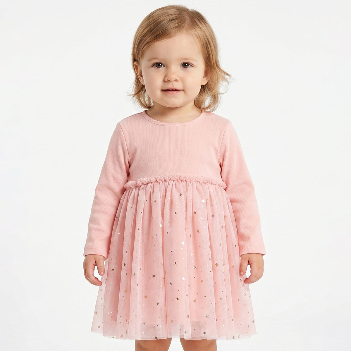 Baby Girls Peach Star Print Mesh Dress Regular Fit Party Dress