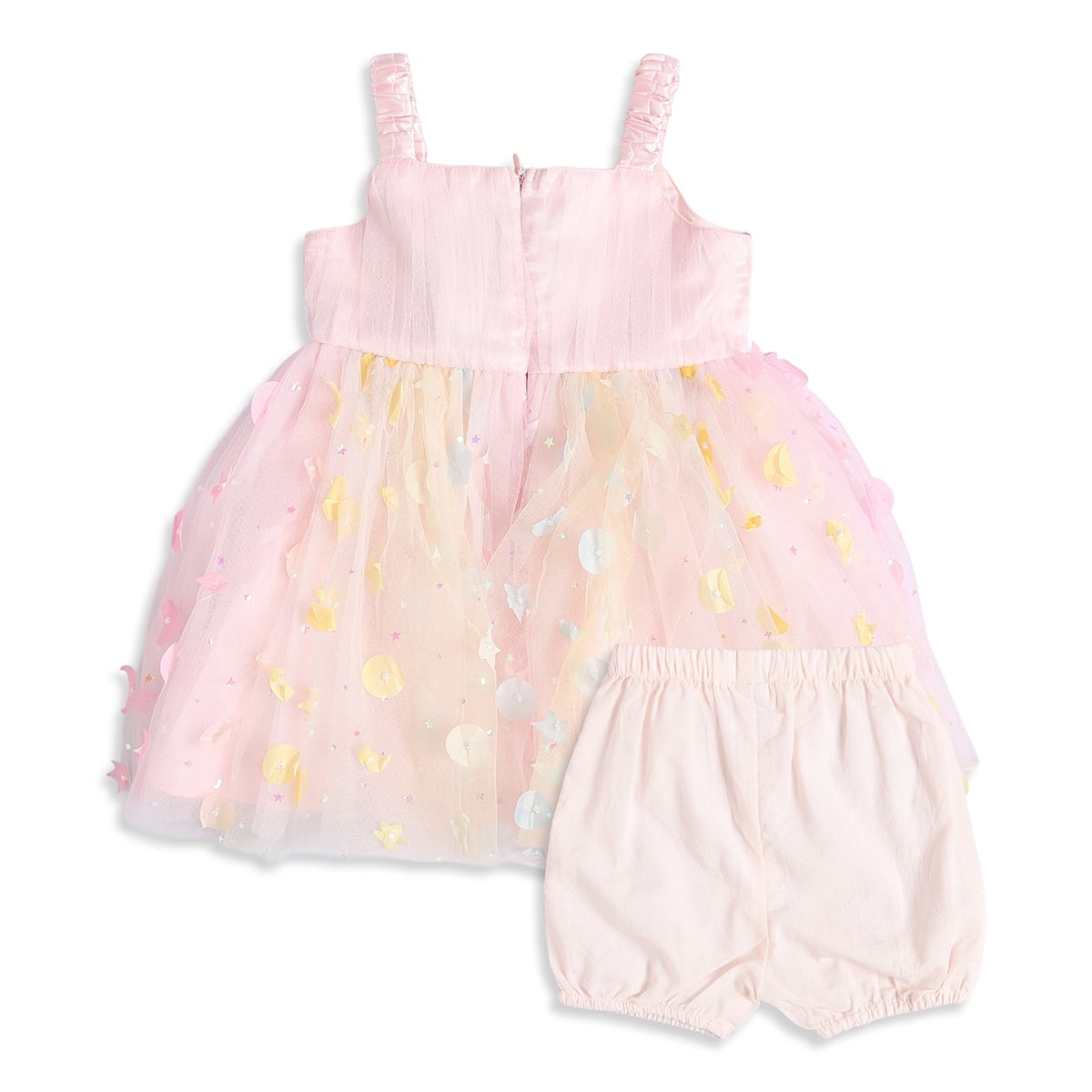 Baby Girls Pink Tulle Butterfly Applique Dress With Bloomers Regular Fit Party Wear
