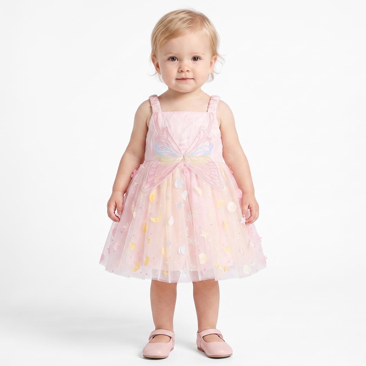 Baby Girls Pink Tulle Butterfly Applique Dress With Bloomers Regular Fit Party Wear