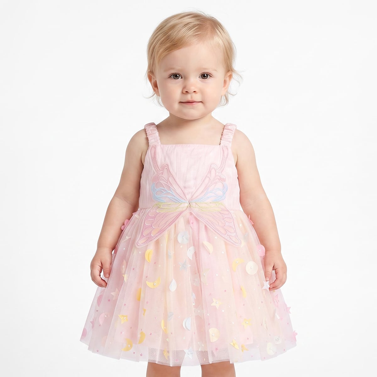 Baby Girls Pink Tulle Butterfly Applique Dress With Bloomers Regular Fit Party Wear