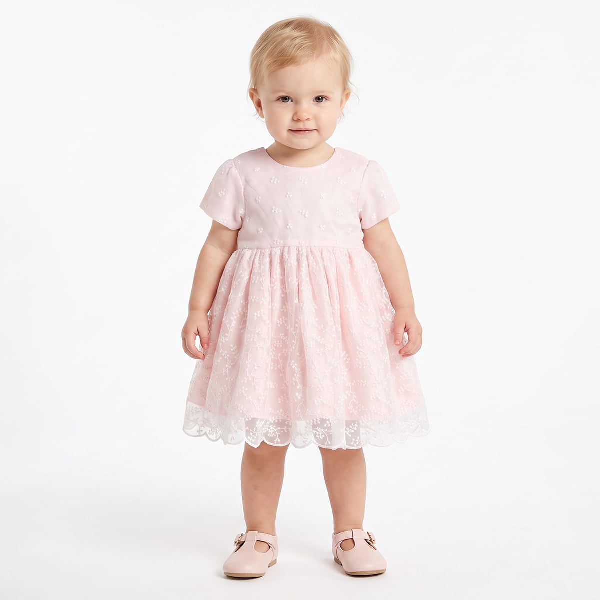 Baby Girls Pink Floral Embroidered Tulle Dress Regular Fit Party Wear