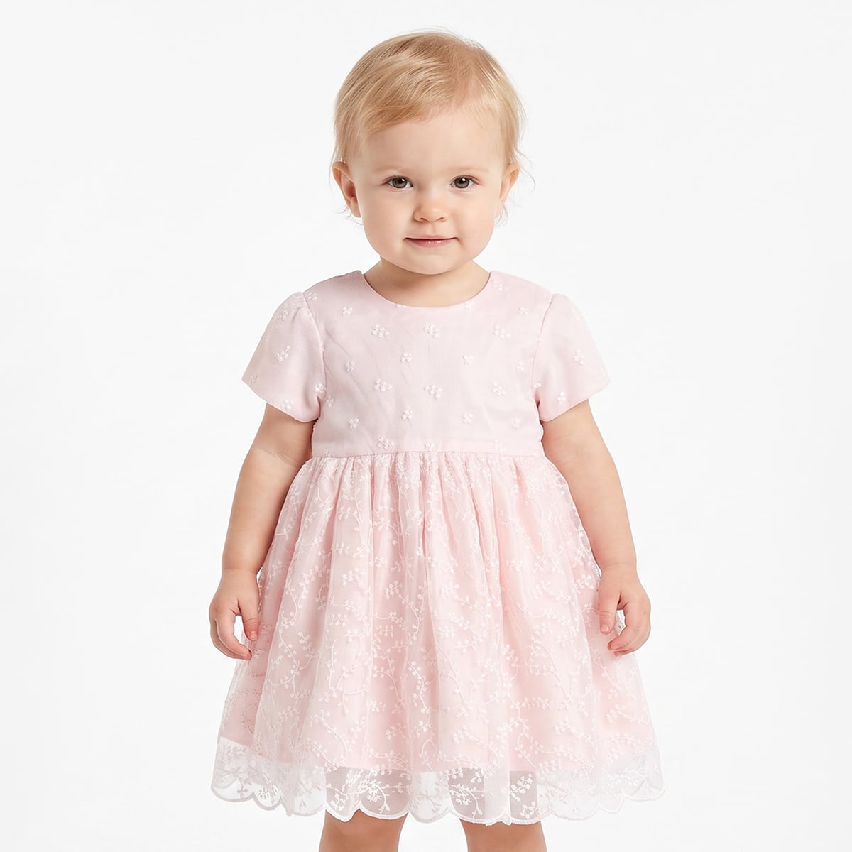 Baby Girls Pink Floral Embroidered Tulle Dress Regular Fit Party Wear