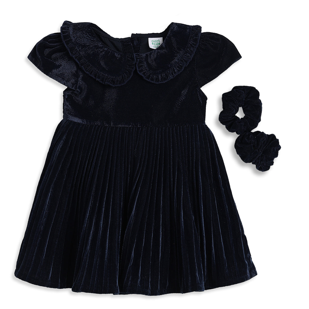 Baby Girls Navy Blue Velvet Party Dress with Scrunchies Regular Fit.