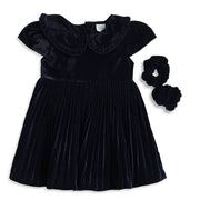 Baby Girls Navy Blue Velvet Party Dress with Scrunchies Regular Fit.