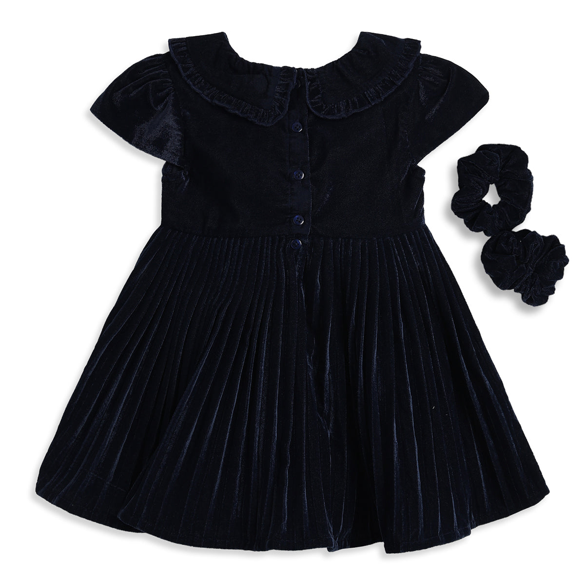 Baby Girls Navy Blue Velvet Party Dress with Scrunchies Regular Fit.