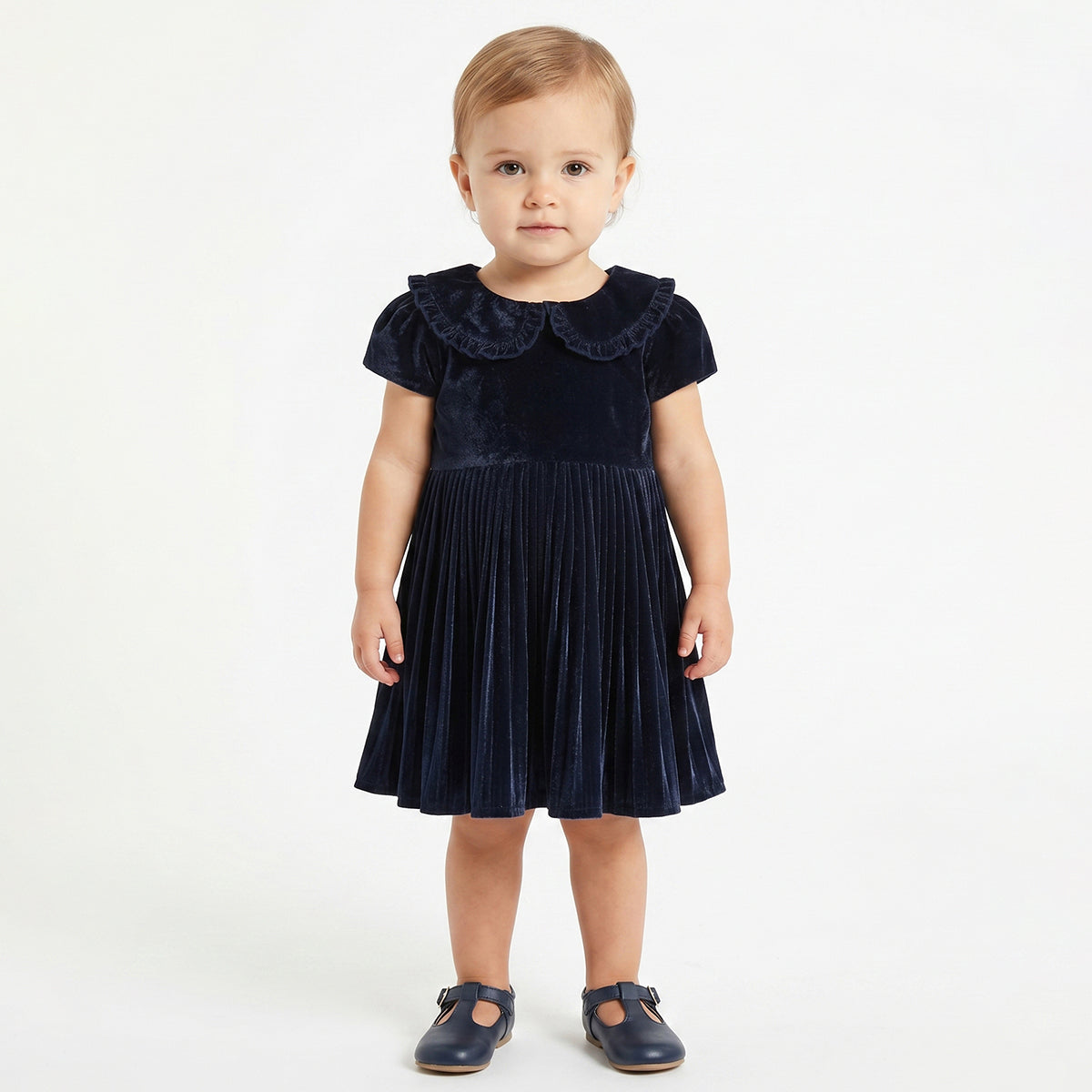 Baby Girls Navy Blue Velvet Party Dress with Scrunchies Regular Fit.