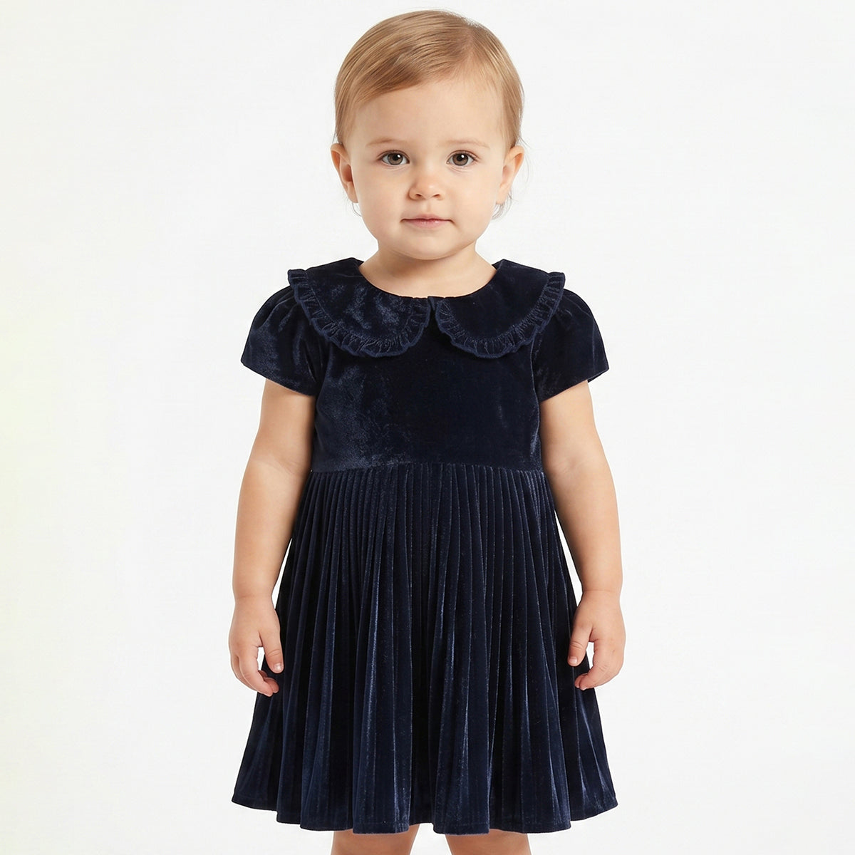 Baby Girls Navy Blue Velvet Party Dress with Scrunchies Regular Fit.