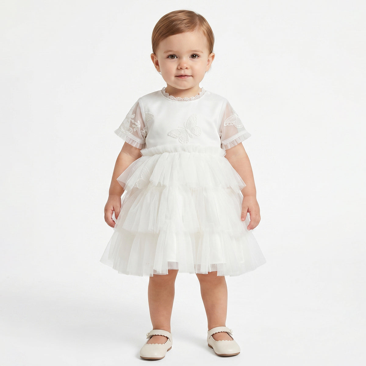 Baby Girls White Butterfly Embroidered Mesh Party Dress Regular Fit.