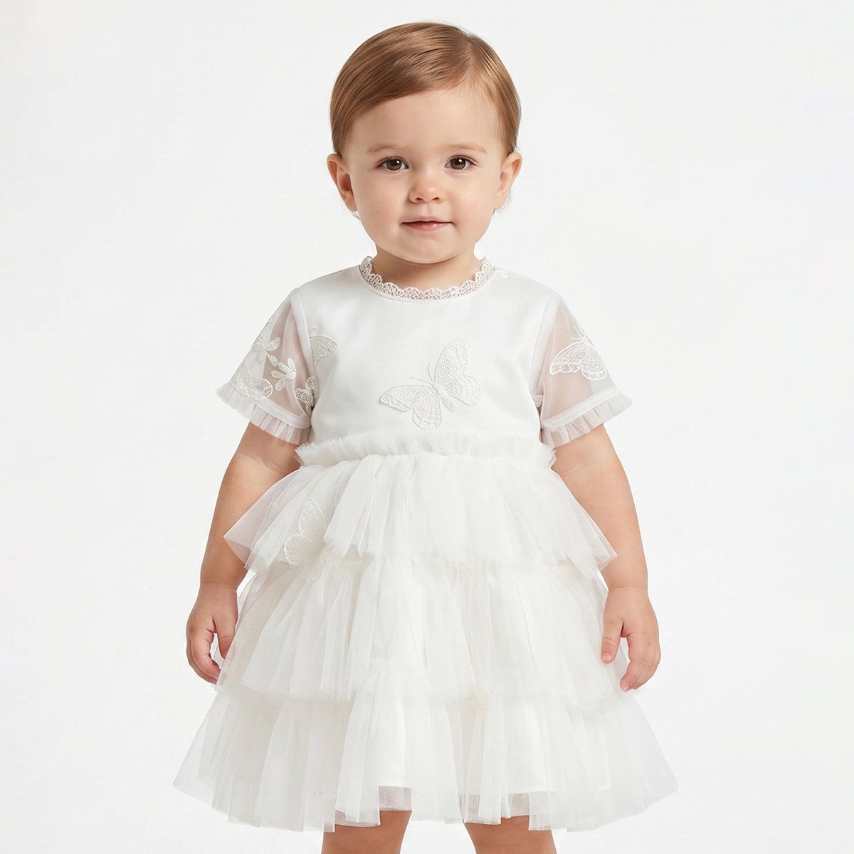 Baby Girls White Butterfly Embroidered Mesh Party Dress Regular Fit.