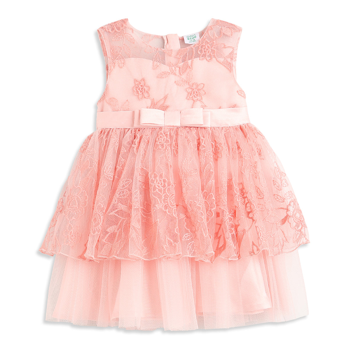Baby Girls Peach Floral Embroidered Mesh Party Dress Regular Fit.