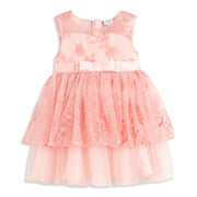Baby Girls Peach Floral Embroidered Mesh Party Dress Regular Fit.