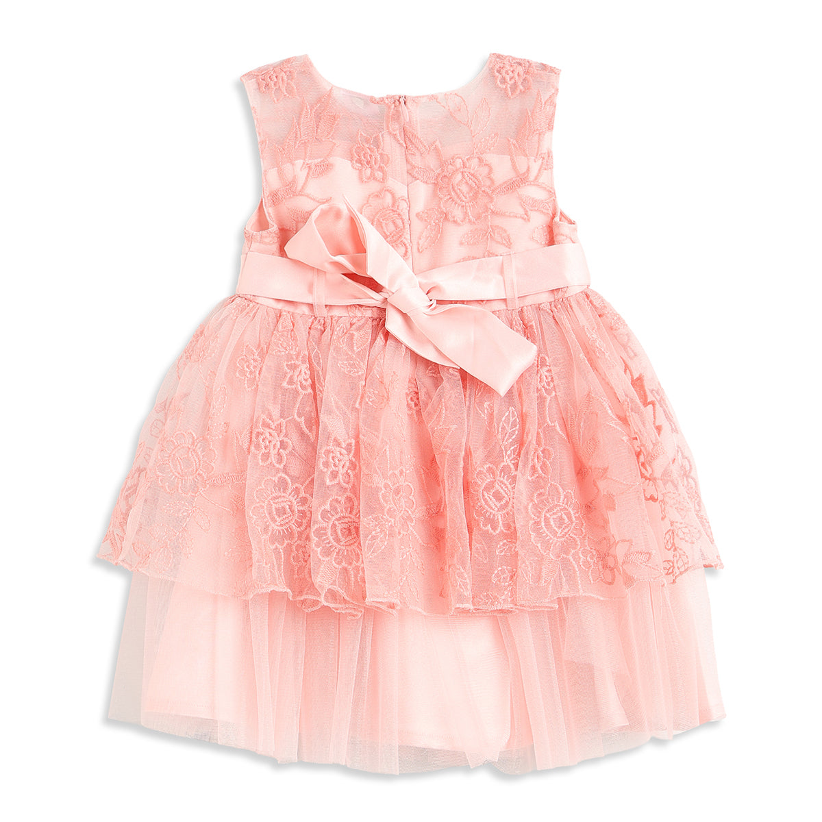 Baby Girls Peach Floral Embroidered Mesh Party Dress Regular Fit.