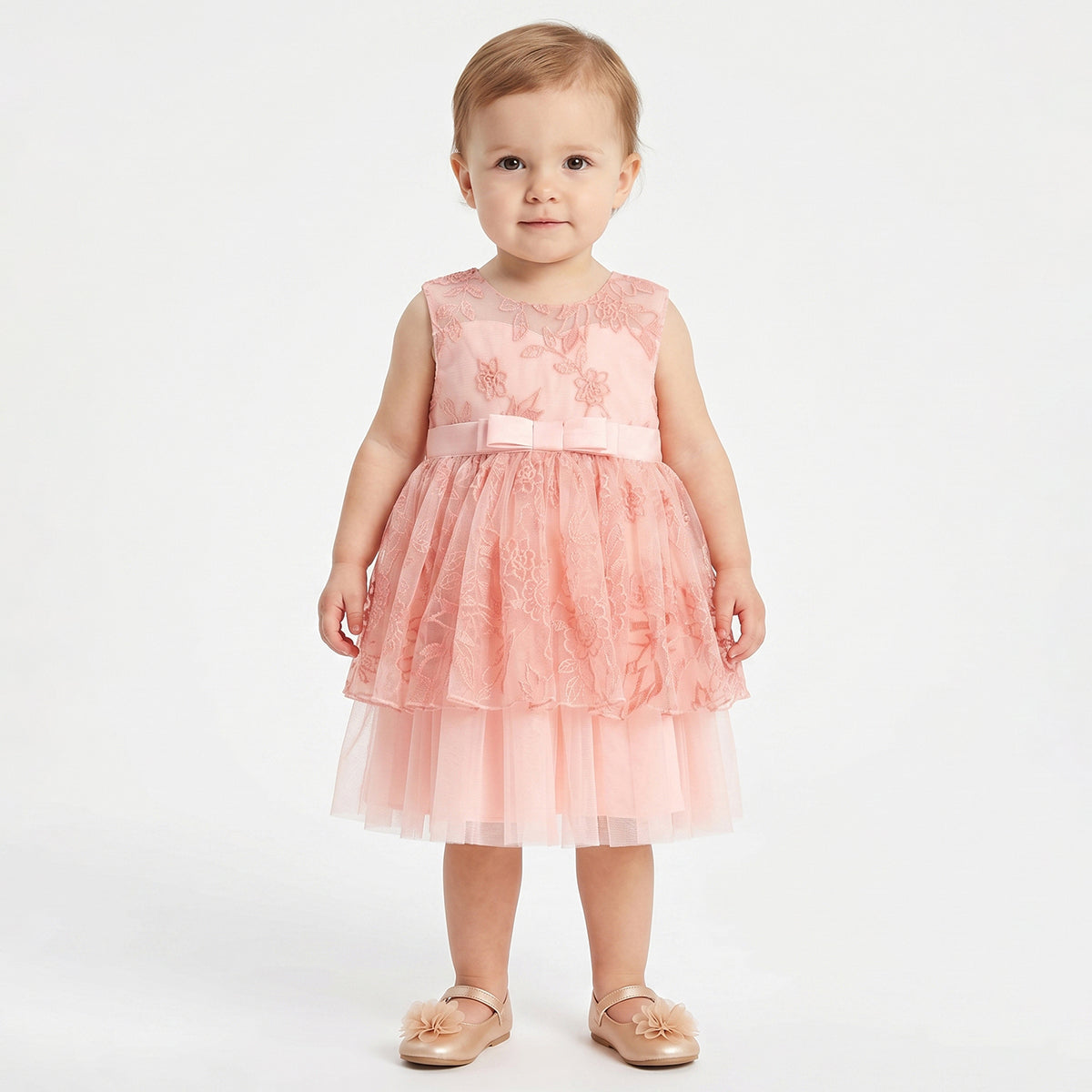 Baby Girls Peach Floral Embroidered Mesh Party Dress Regular Fit.