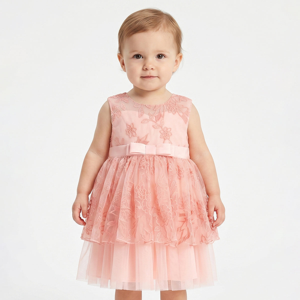 Baby Girls Peach Floral Embroidered Mesh Party Dress Regular Fit.