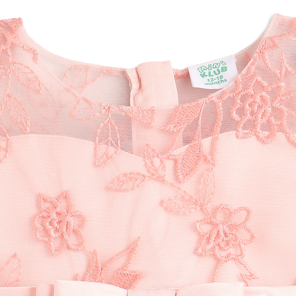 Baby Girls Peach Floral Embroidered Mesh Party Dress Regular Fit.