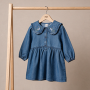 Baby Girls Blue Denim Floral Embroidered Peter Pan Collar Flared Dress Regular Fit Casual Wear