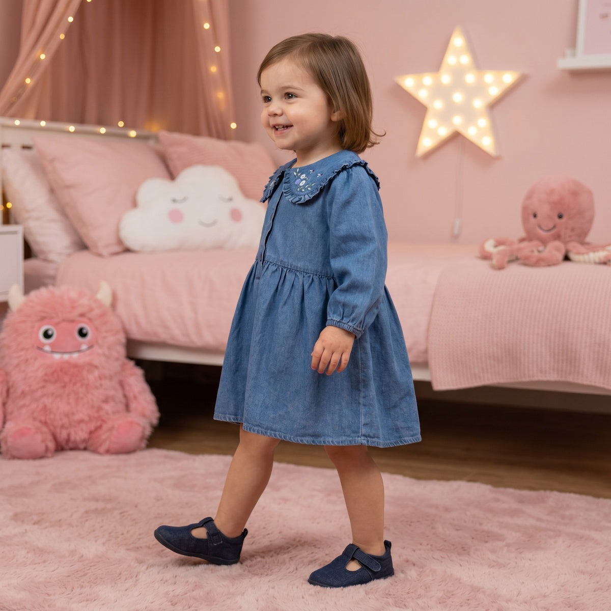 Baby Girls Blue Denim Floral Embroidered Peter Pan Collar Flared Dress Regular Fit Casual Wear