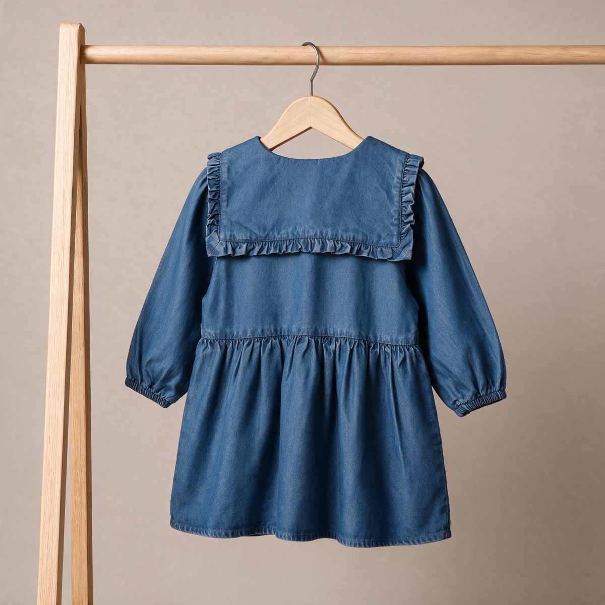 Baby Girls Blue Denim Floral Embroidered Peter Pan Collar Flared Dress Regular Fit Casual Wear
