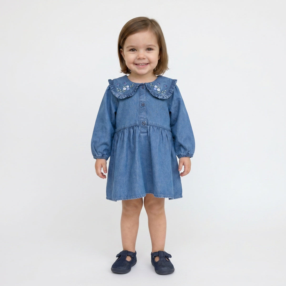 Baby Girls Blue Denim Floral Embroidered Peter Pan Collar Flared Dress Regular Fit Casual Wear