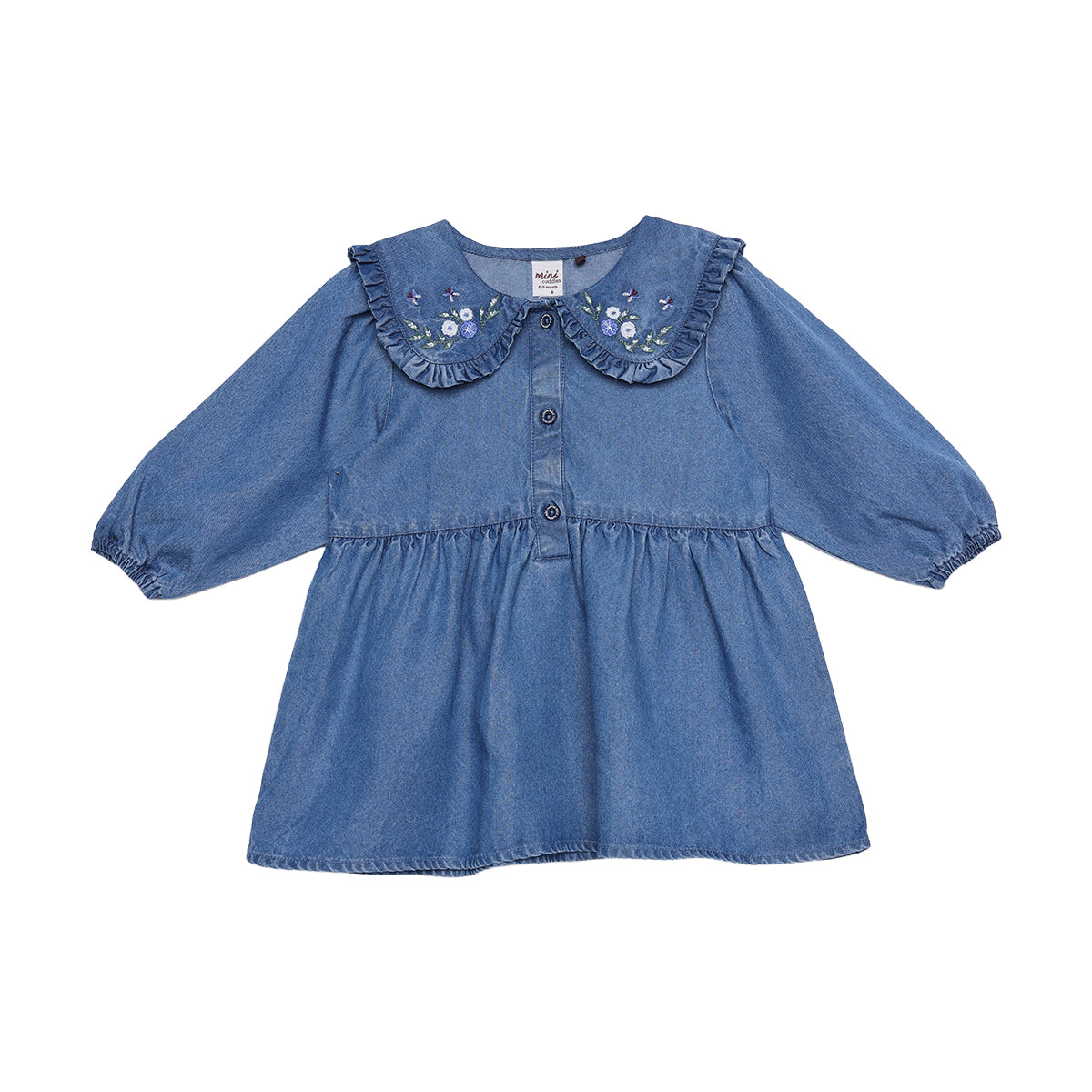 Baby Girls Blue Denim Floral Embroidered Peter Pan Collar Flared Dress Regular Fit Casual Wear