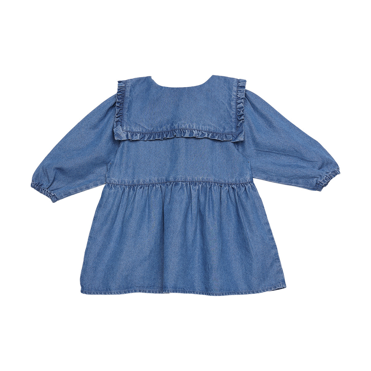 Baby Girls Blue Denim Floral Embroidered Peter Pan Collar Flared Dress Regular Fit Casual Wear