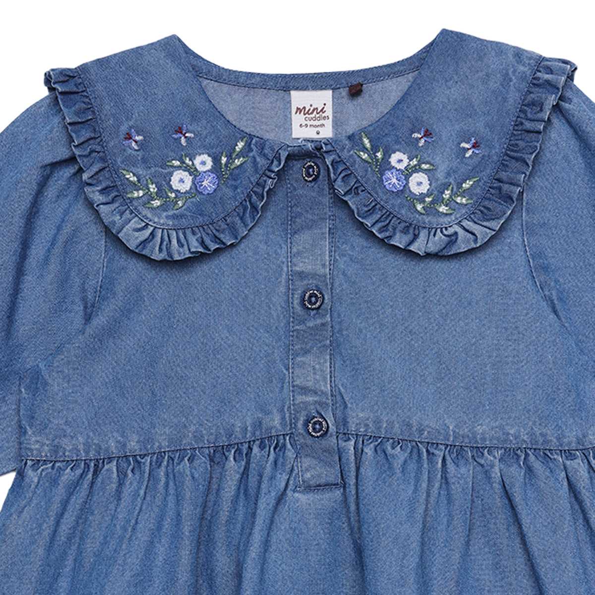 Baby Girls Blue Denim Floral Embroidered Peter Pan Collar Flared Dress Regular Fit Casual Wear