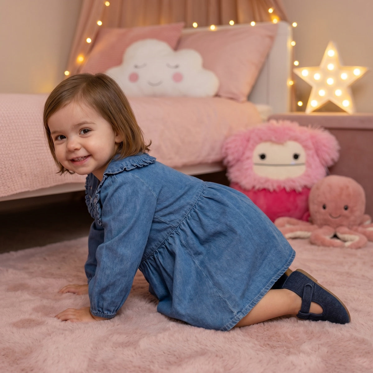Baby Girls Blue Denim Floral Embroidered Peter Pan Collar Flared Dress Regular Fit Casual Wear