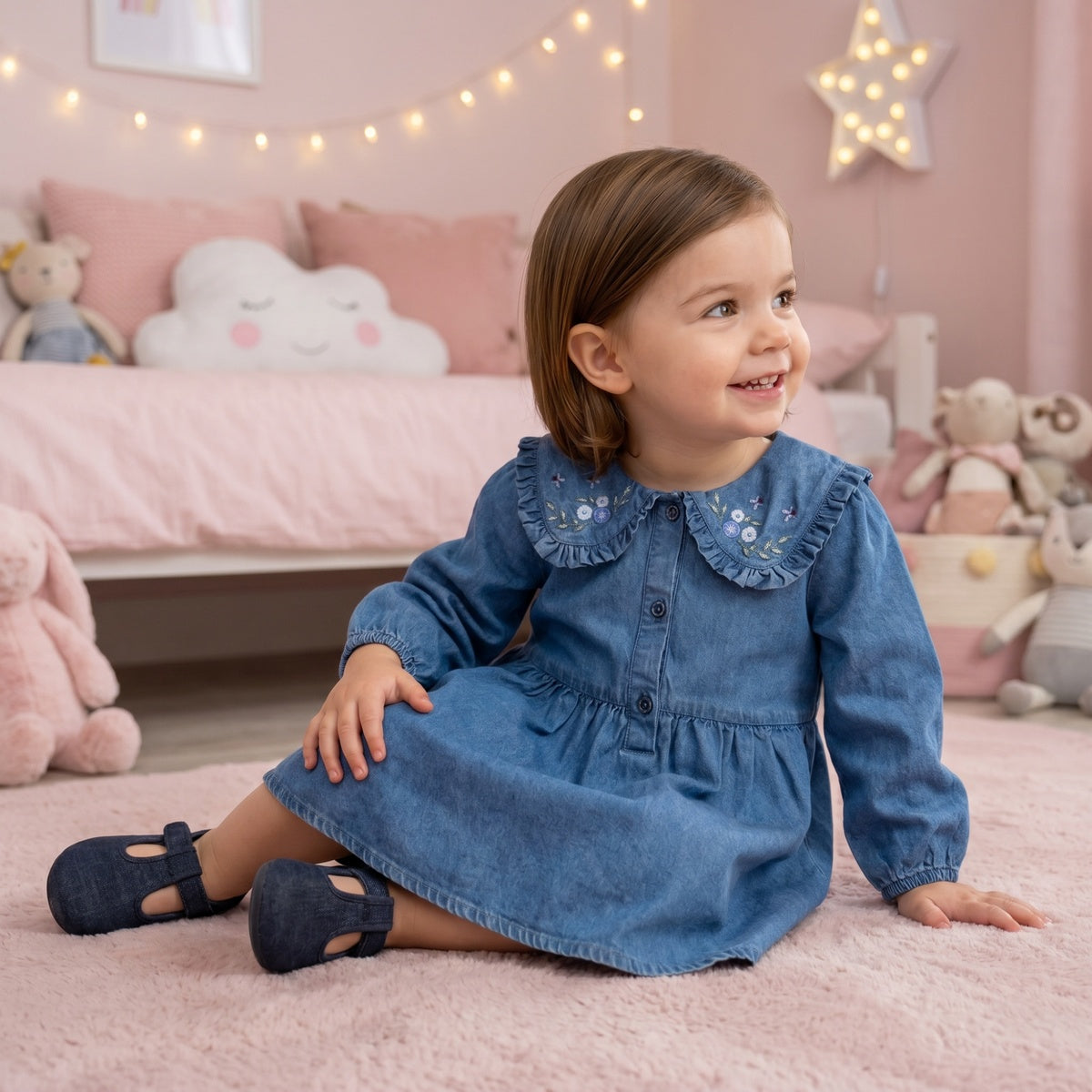 Baby Girls Blue Denim Floral Embroidered Peter Pan Collar Flared Dress Regular Fit Casual Wear