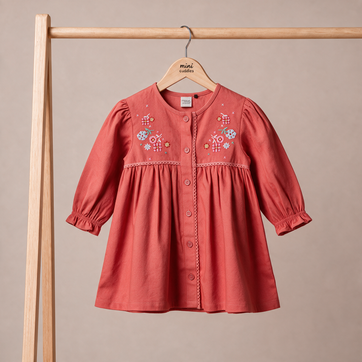 Baby Girls Coral Cotton Corduroy Floral Embroidered Dress With White Stockings Regular Fit Casual