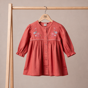 Baby Girls Coral Cotton Corduroy Floral Embroidered Dress With White Stockings Regular Fit Casual