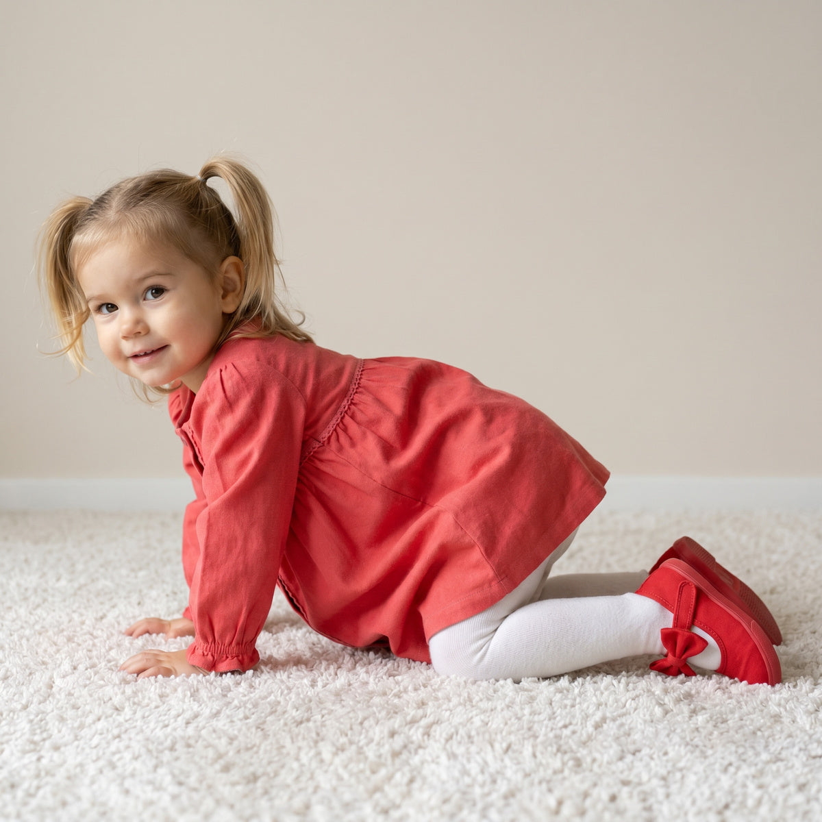 Baby Girls Coral Cotton Corduroy Floral Embroidered Dress With White Stockings Regular Fit Casual
