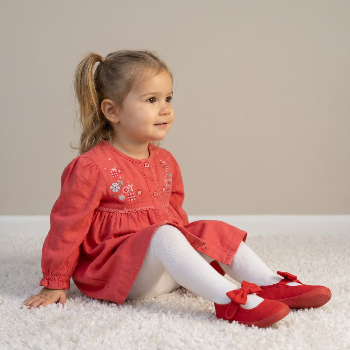 Baby Girls Coral Cotton Corduroy Floral Embroidered Dress With White Stockings Regular Fit Casual